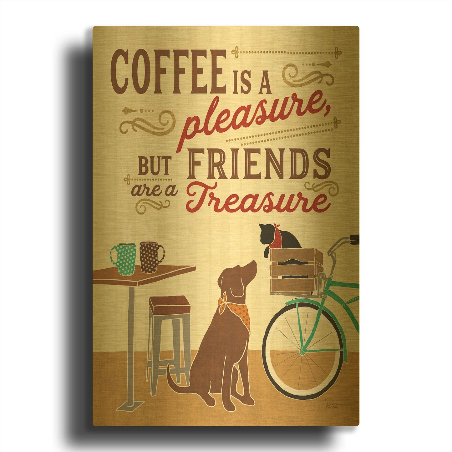 'Coffee and Friends II' By Veronique Charron Gold Metal Wall Art