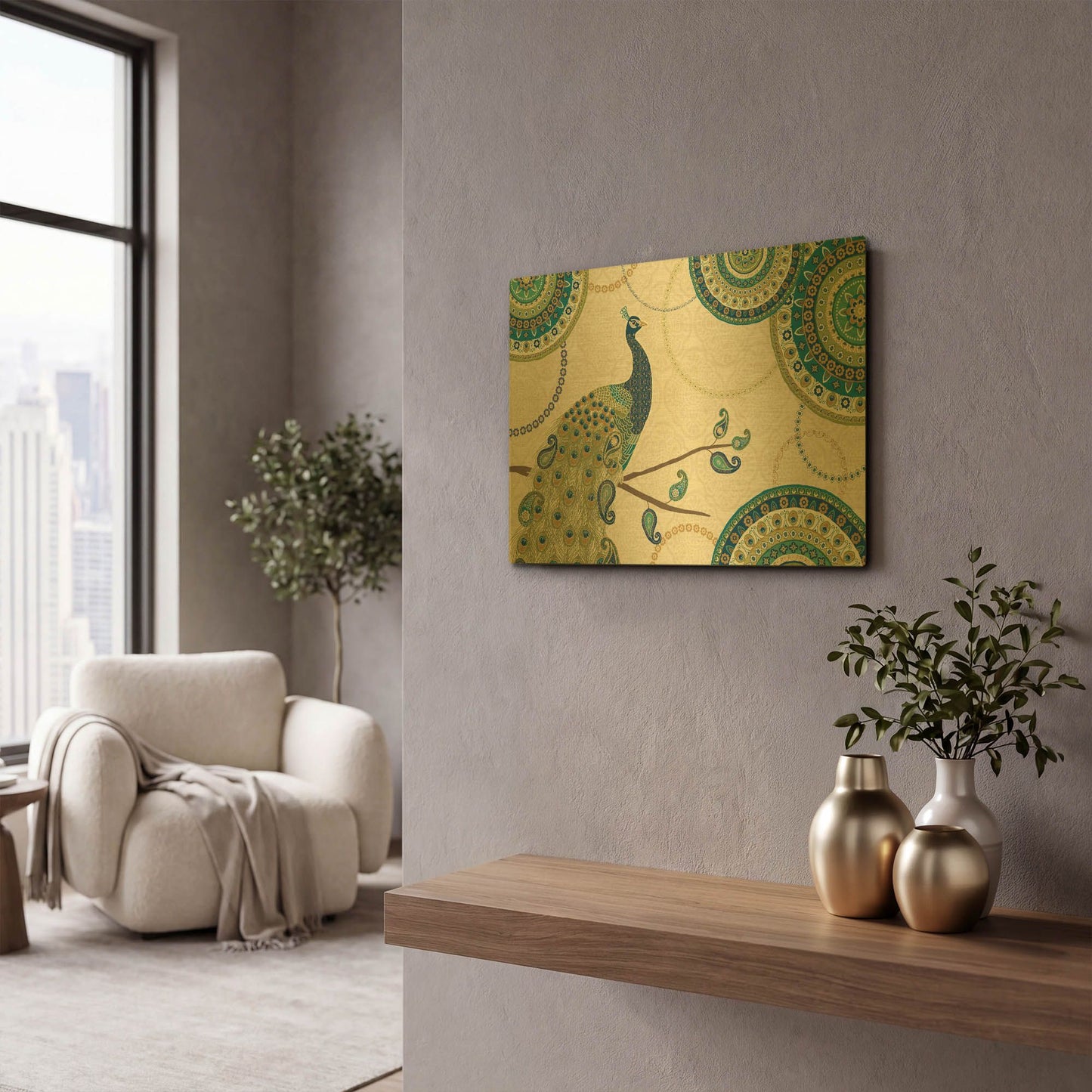 'Peacock Paradise I' By Veronique Charron Gold Metal Wall Art