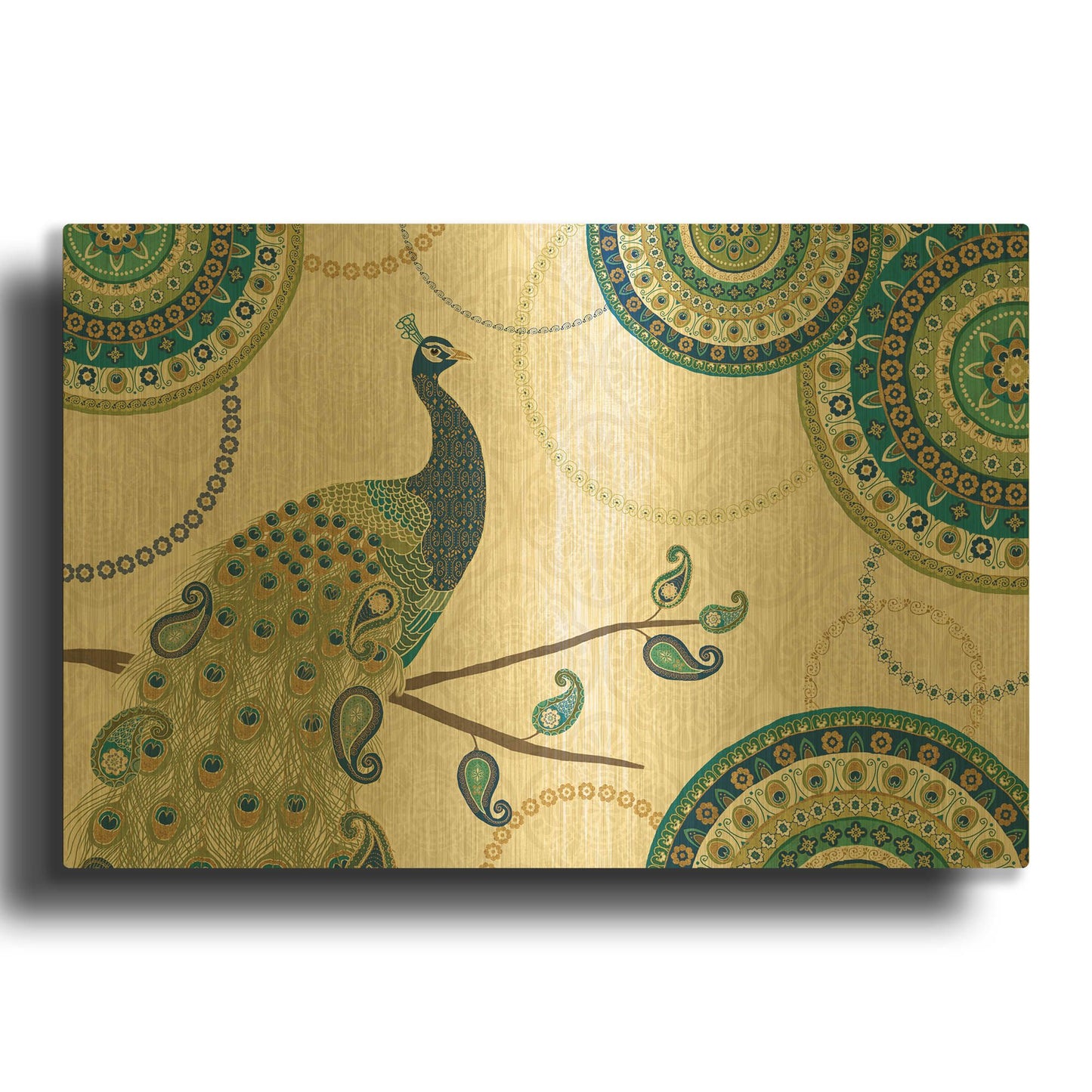 'Peacock Paradise I' By Veronique Charron Gold Metal Wall Art