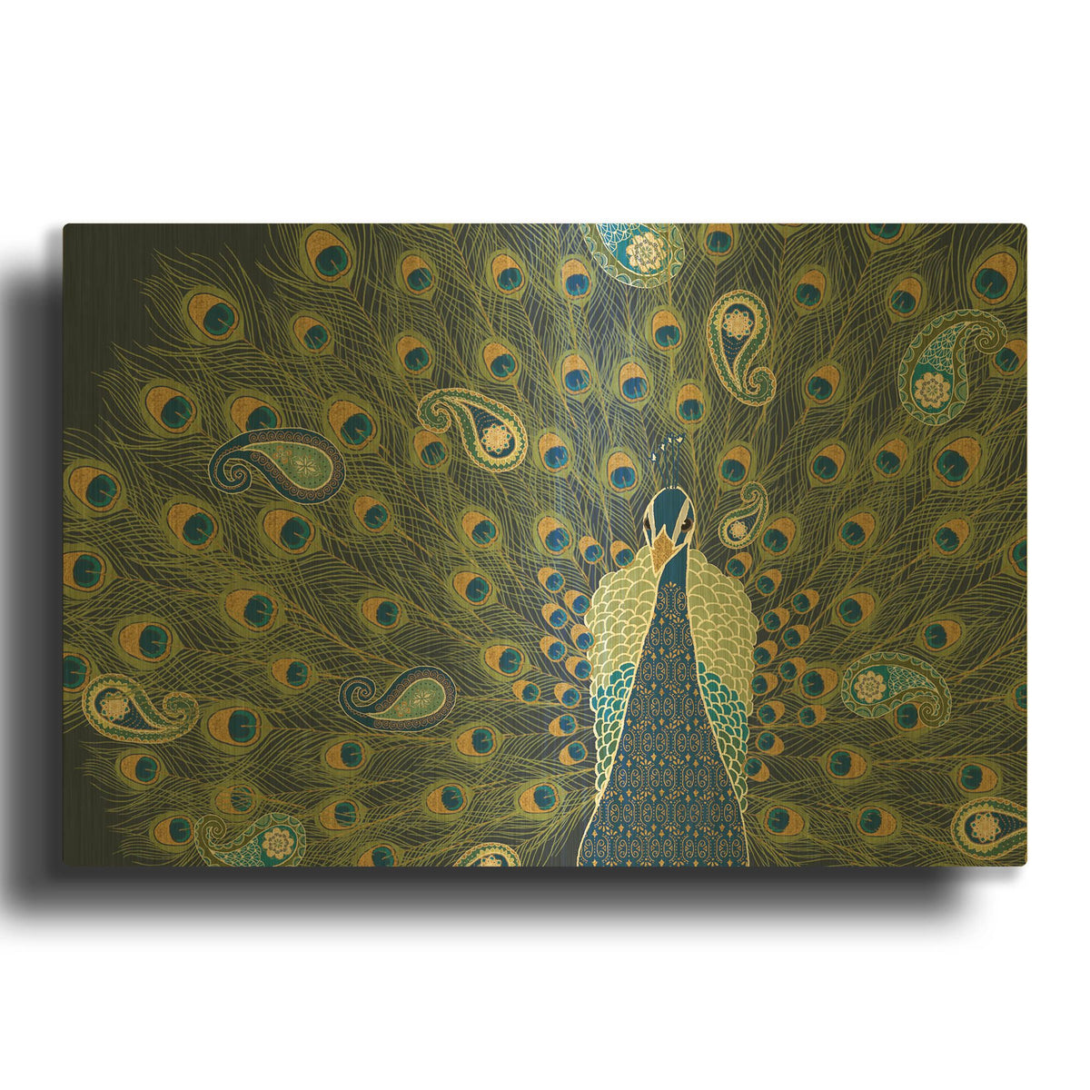 'Peacock Paradise VI' By Veronique Charron Gold Metal Wall Art