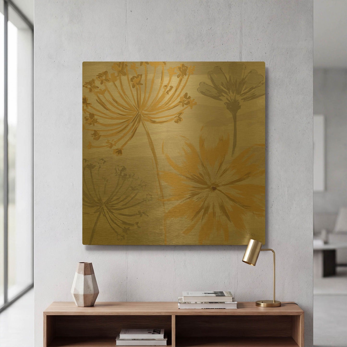 'Flowers in the Wind II' By Veronique Charron Gold Metal Wall Art