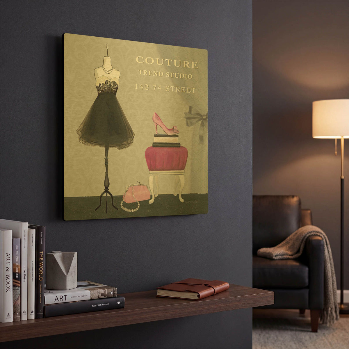 'Dress Fitting Boutique Sq III' By Marco Fabiano Gold Metal Wall Art