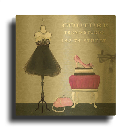 'Dress Fitting Boutique Sq III' By Marco Fabiano Gold Metal Wall Art