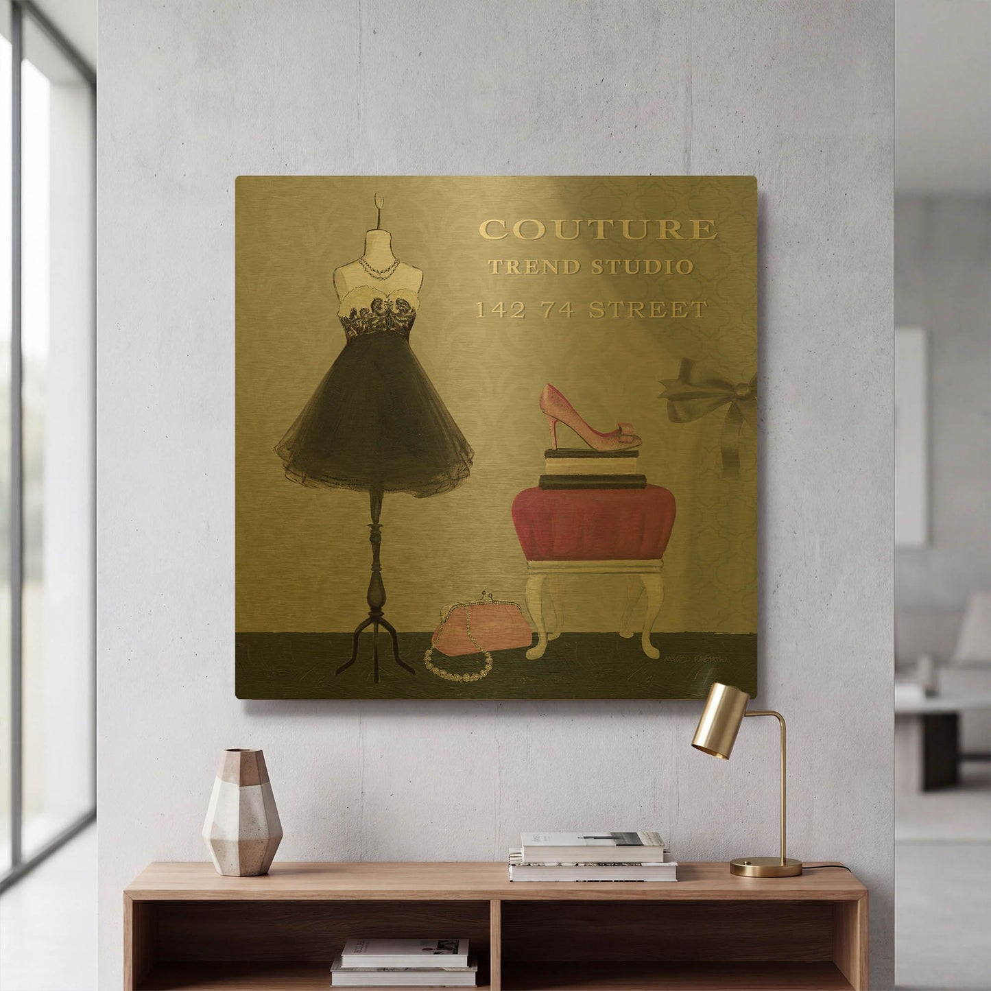 'Dress Fitting Boutique Sq III' By Marco Fabiano Gold Metal Wall Art