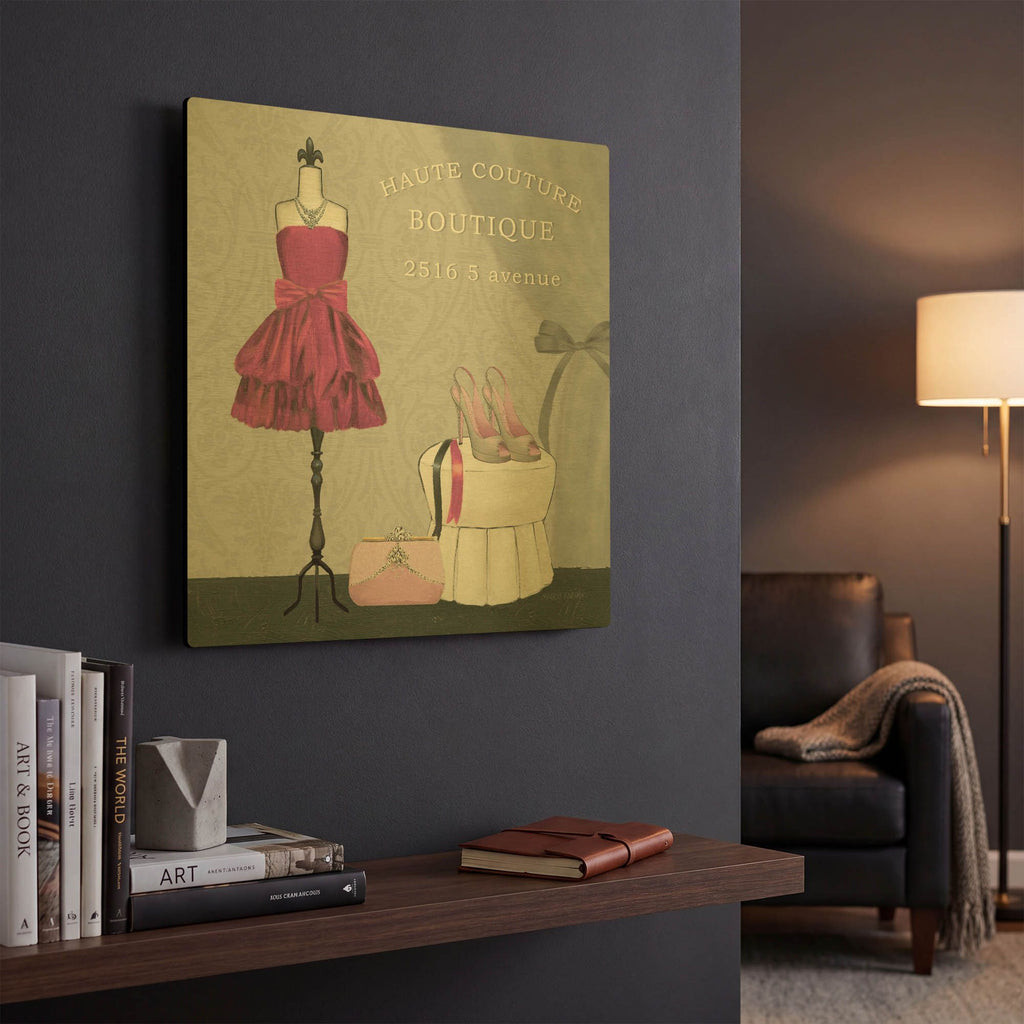 'Dress Fitting Boutique Sq II' By Marco Fabiano Gold Metal Wall Art