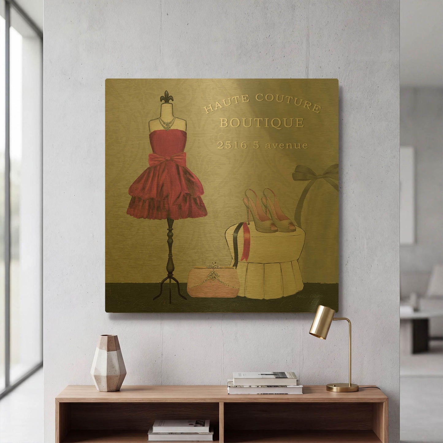 'Dress Fitting Boutique Sq II' By Marco Fabiano Gold Metal Wall Art