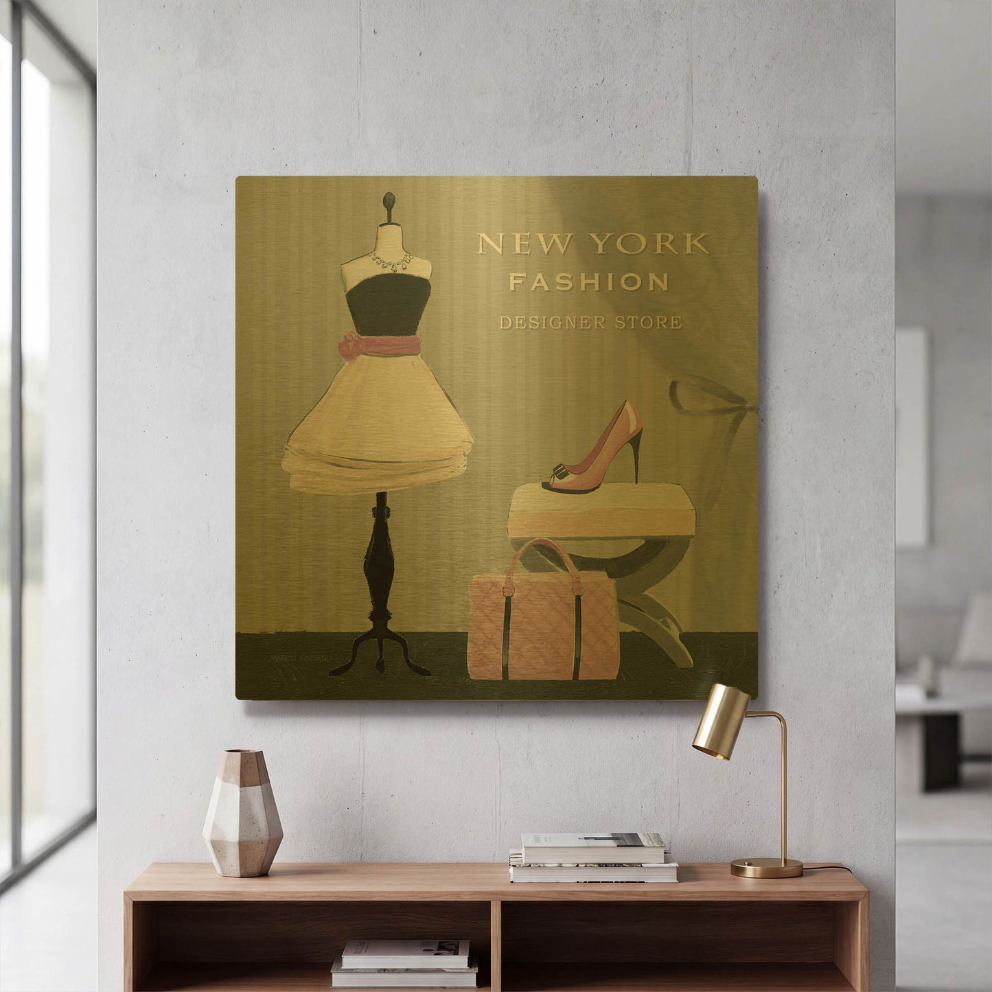 'Dress Fitting Boutique Sq I' By Marco Fabiano Gold Metal Wall Art