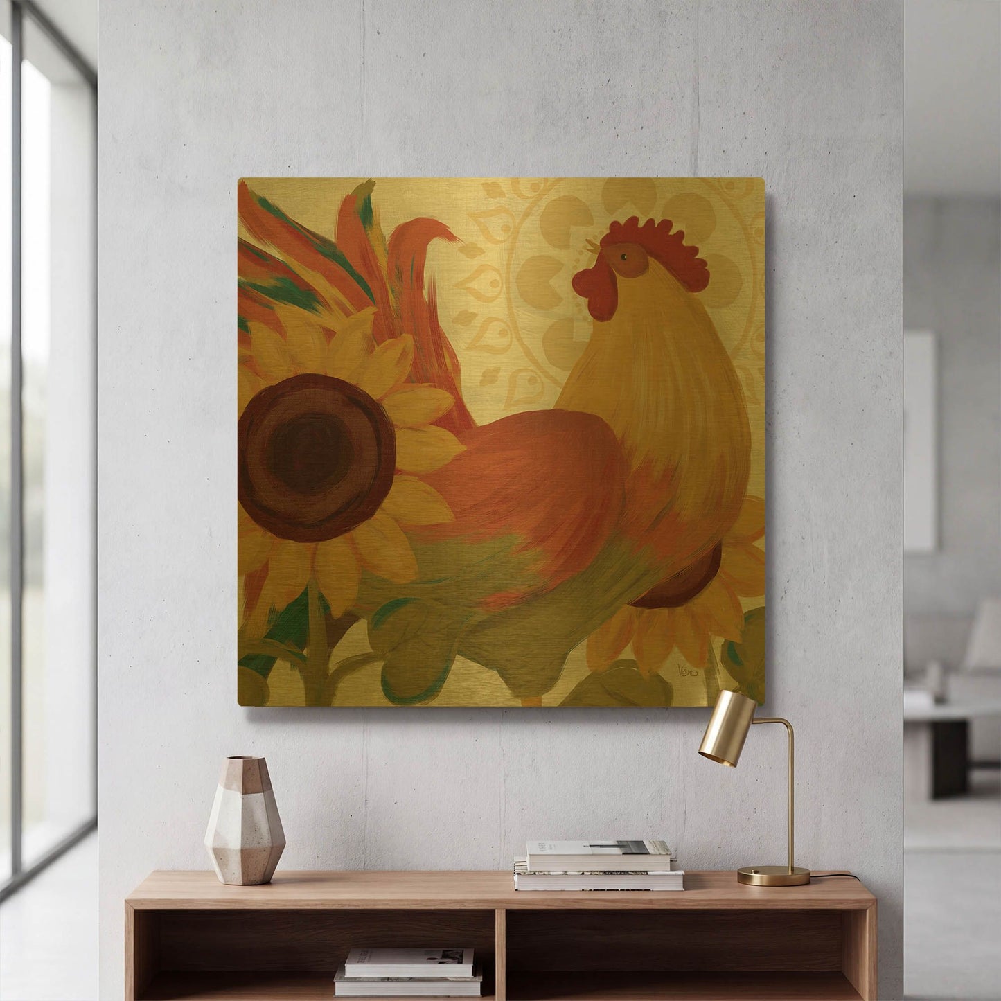 'Spice Roosters II' By Veronique Charron Gold Metal Wall Art