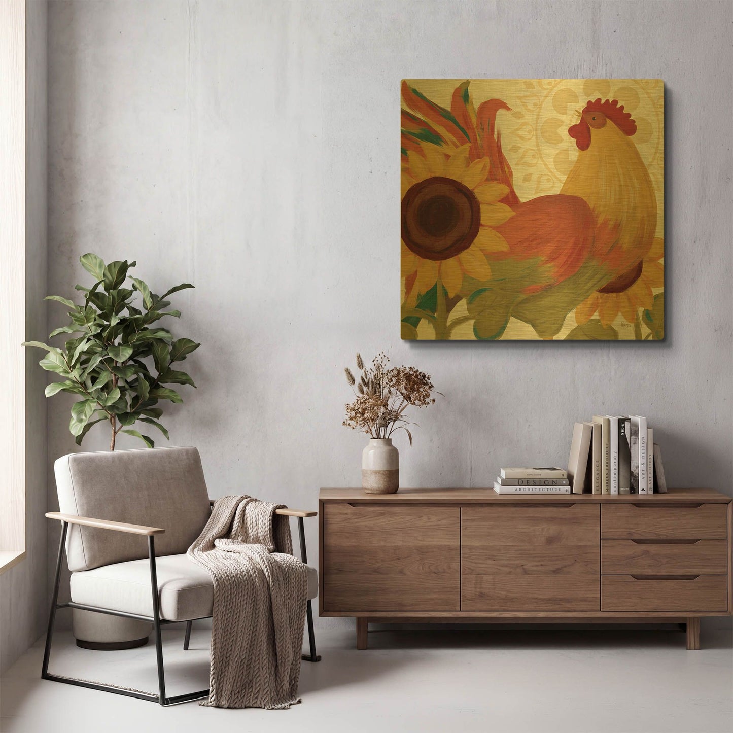 'Spice Roosters II' By Veronique Charron Gold Metal Wall Art