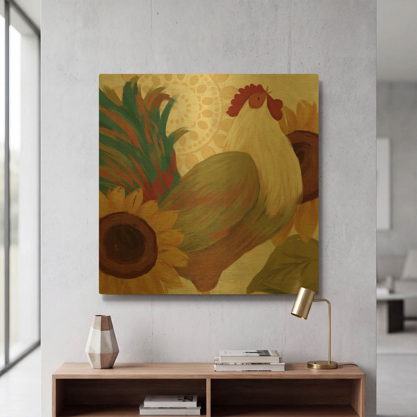 'Spice Roosters I' By Veronique Charron Gold Metal Wall Art