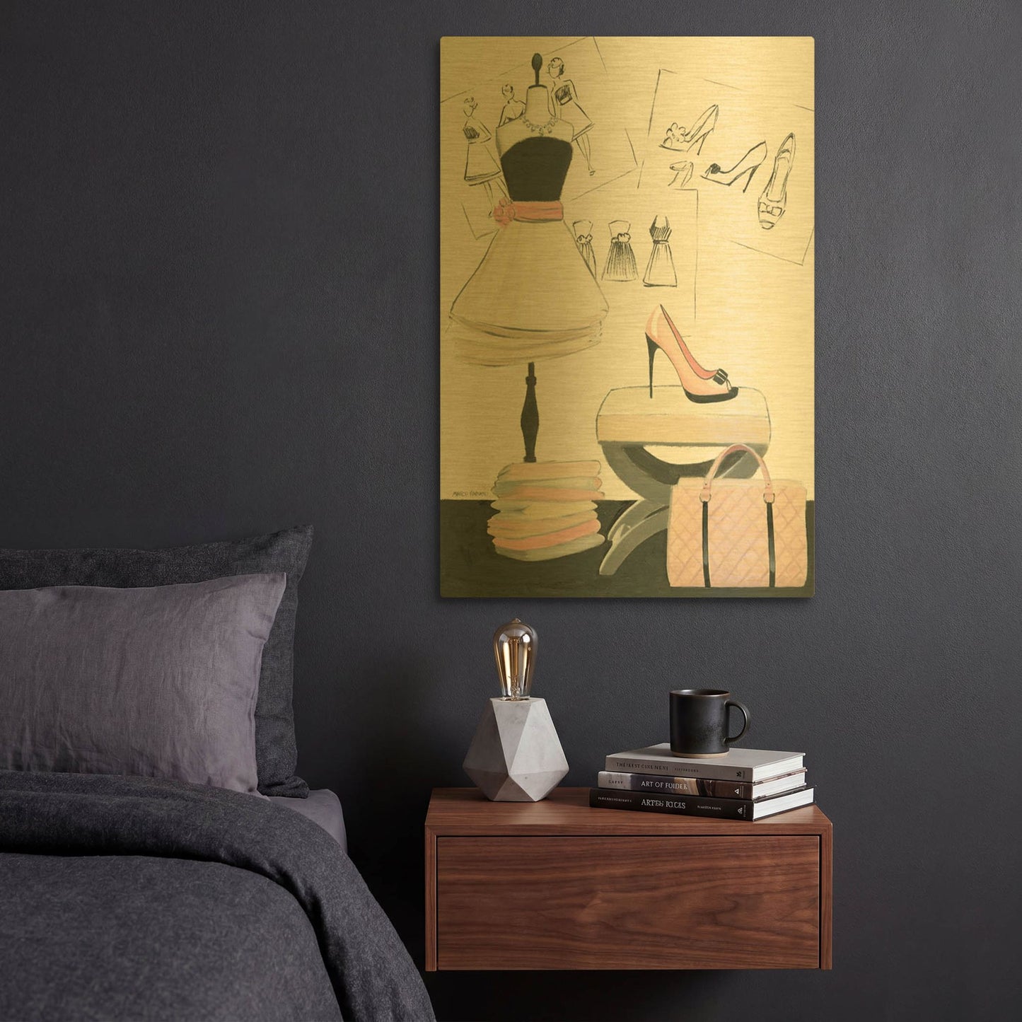 'Dress Fitting I' By Marco Fabiano Gold Metal Wall Art