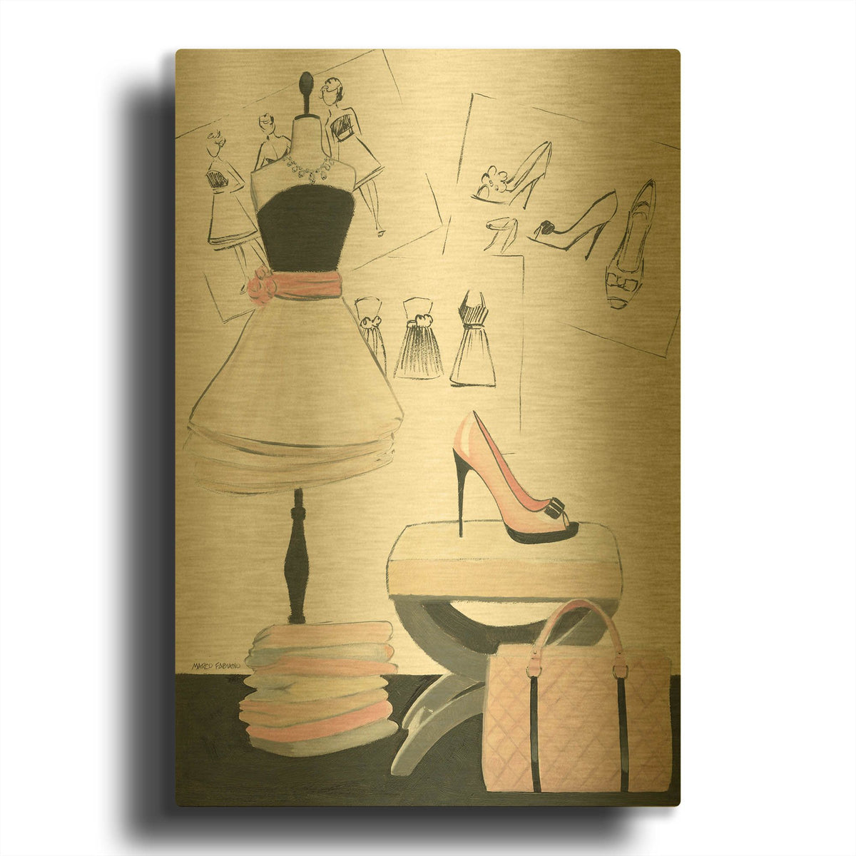 'Dress Fitting I' By Marco Fabiano Gold Metal Wall Art