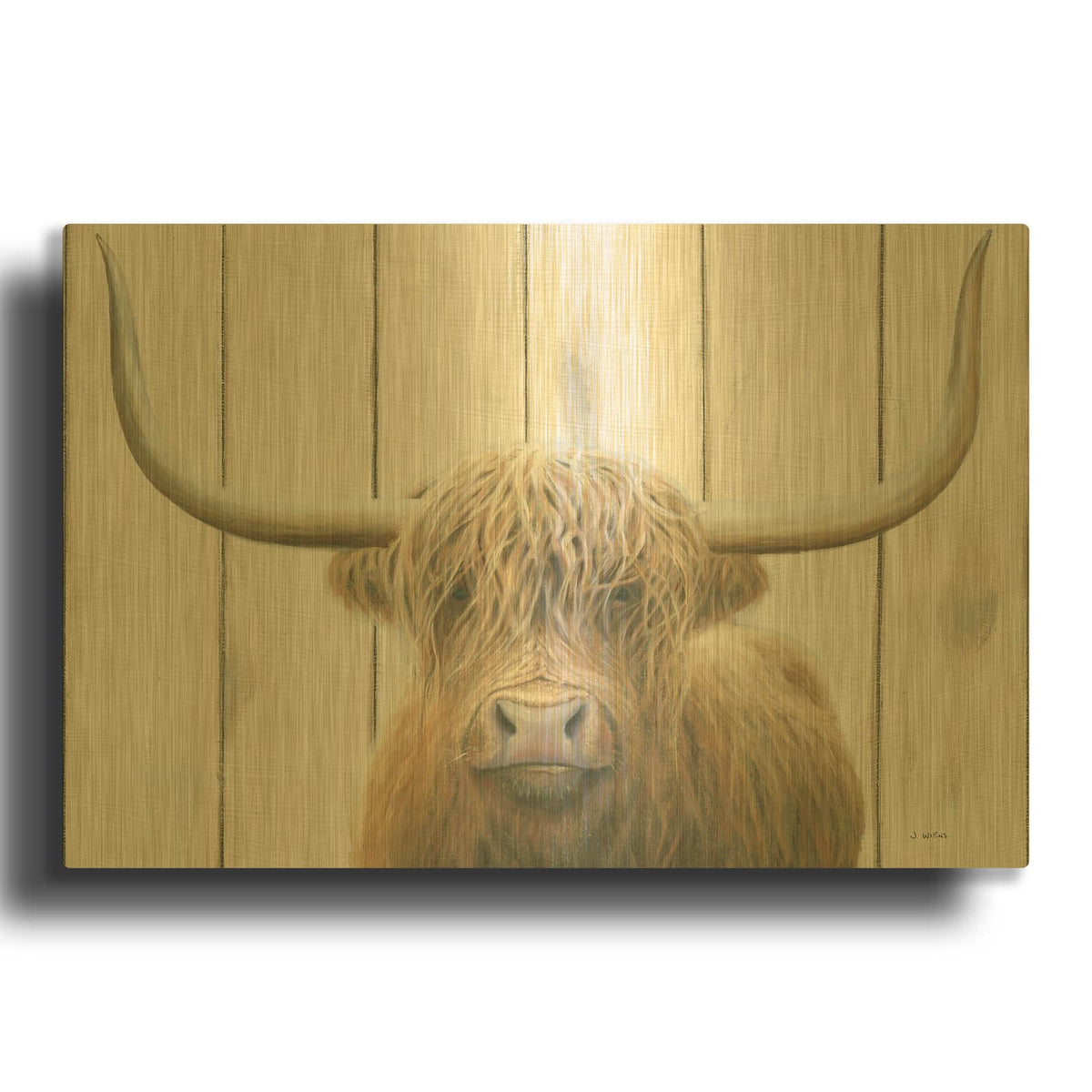 'Highland Cow Shiplap' By James Wiens Gold Metal Wall Art