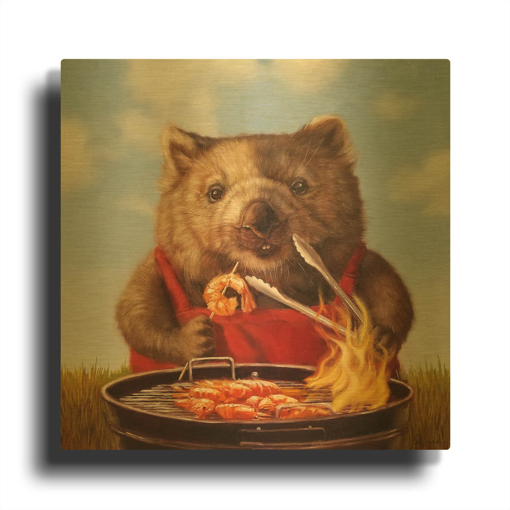 'Shrimp On The BBQ' By Lucia Heffernan Gold Metal Wall Art