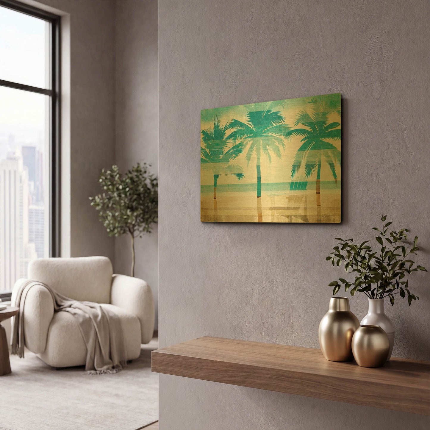 'Beachscape Palms with chair' By Michael Mullan Gold Metal Wall Art