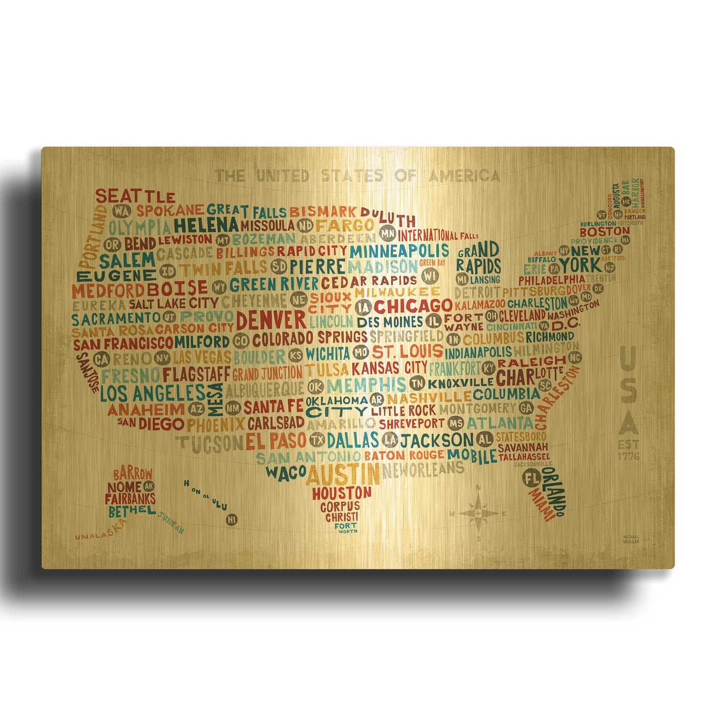 'US City Map' By Michael Mullan Gold Metal Wall Art
