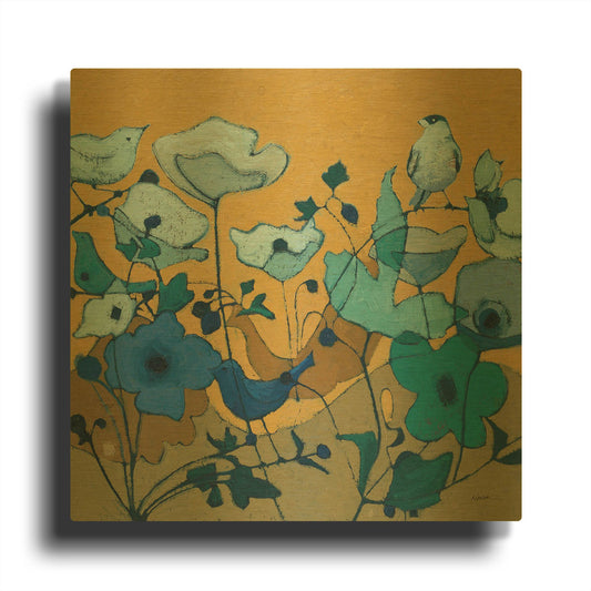 'Birdy Birdy Royal Blue' By Shirley Novak Gold Metal Wall Art
