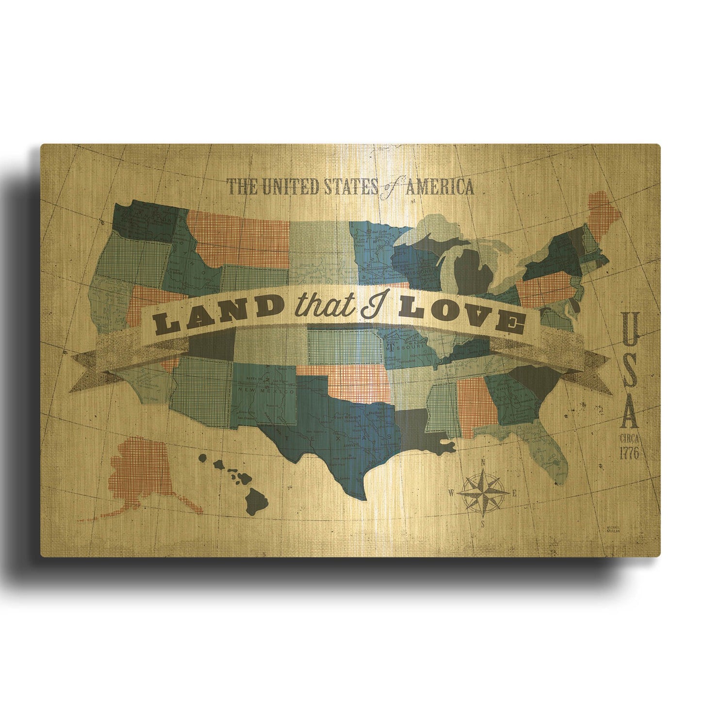 'USA Modern Vintage Blue Grey Red with Words' By Michael Mullan Gold Metal Wall Art