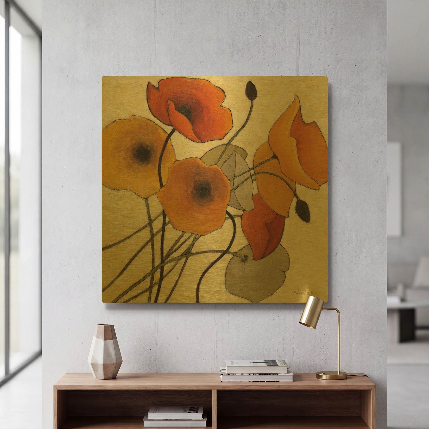 'Pumpkin Poppies II' By Shirley Novak Gold Metal Wall Art