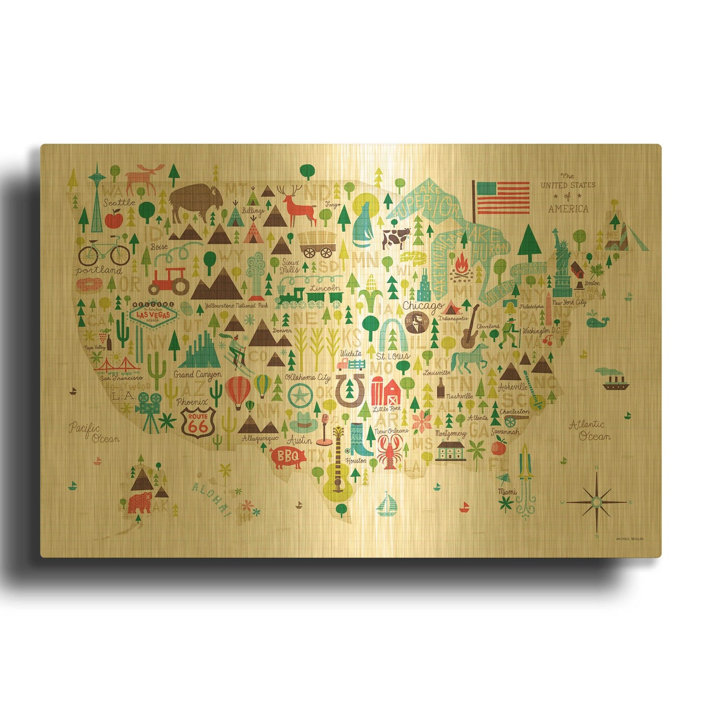 'Illustrated USA' By Michael Mullan Gold Metal Wall Art