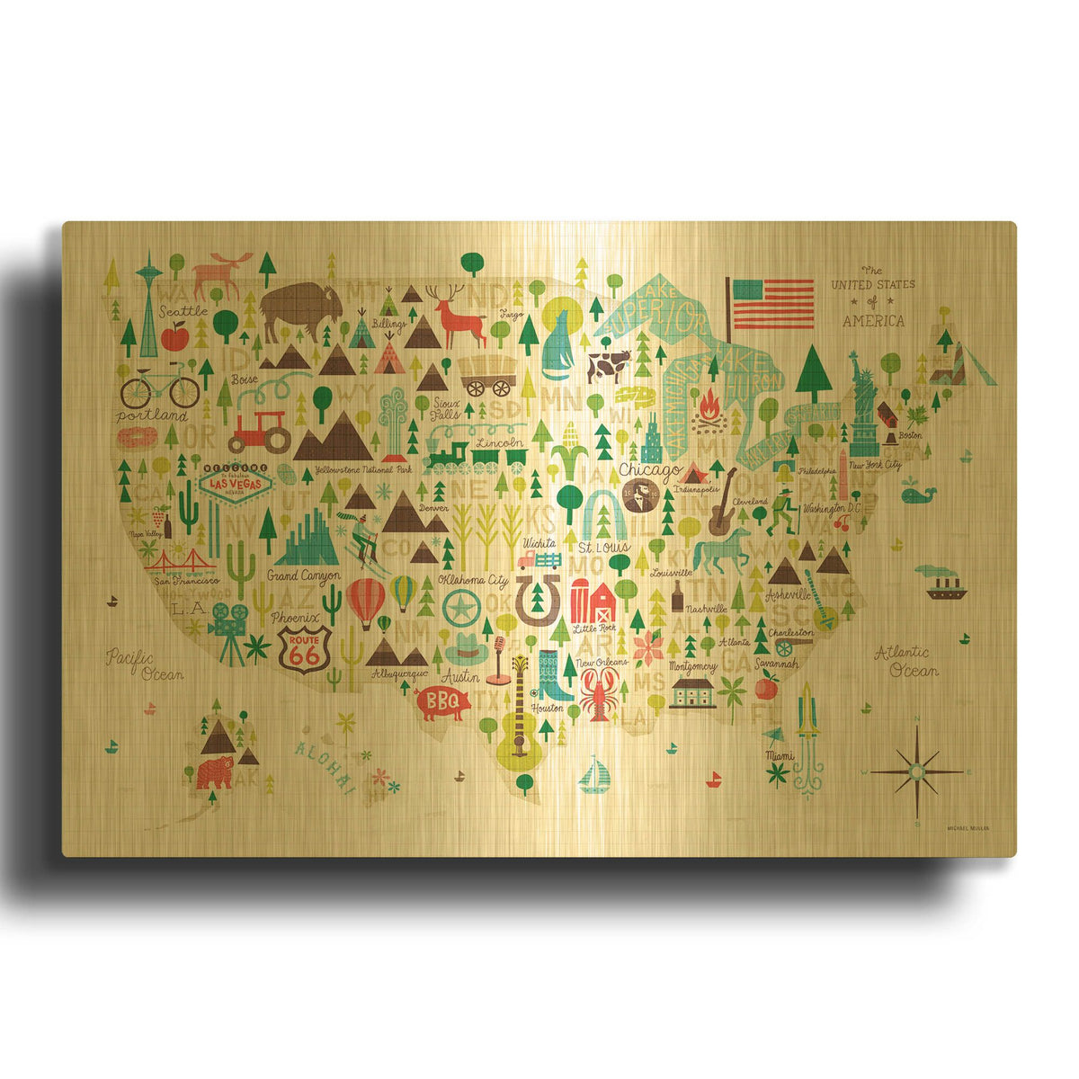 'Illustrated USA' By Michael Mullan Gold Metal Wall Art