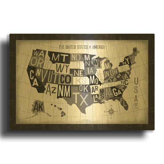 'Letterpress USA Map Dark' By Michael Mullan Gold Metal Wall Art