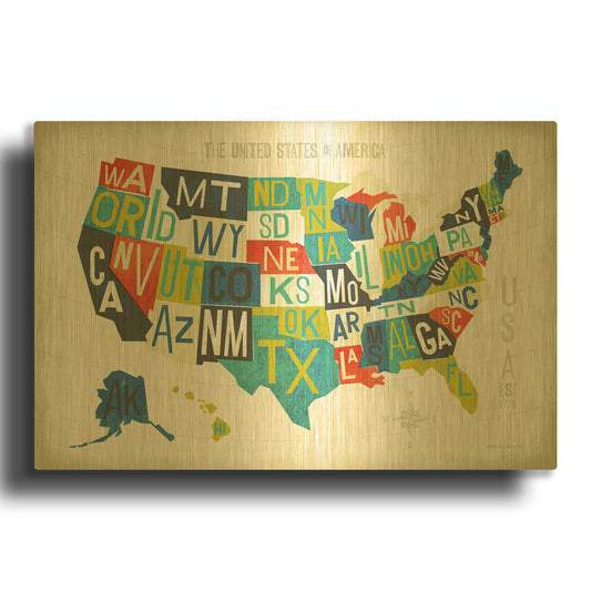 'Letterpress USA Map' By Michael Mullan Gold Metal Wall Art