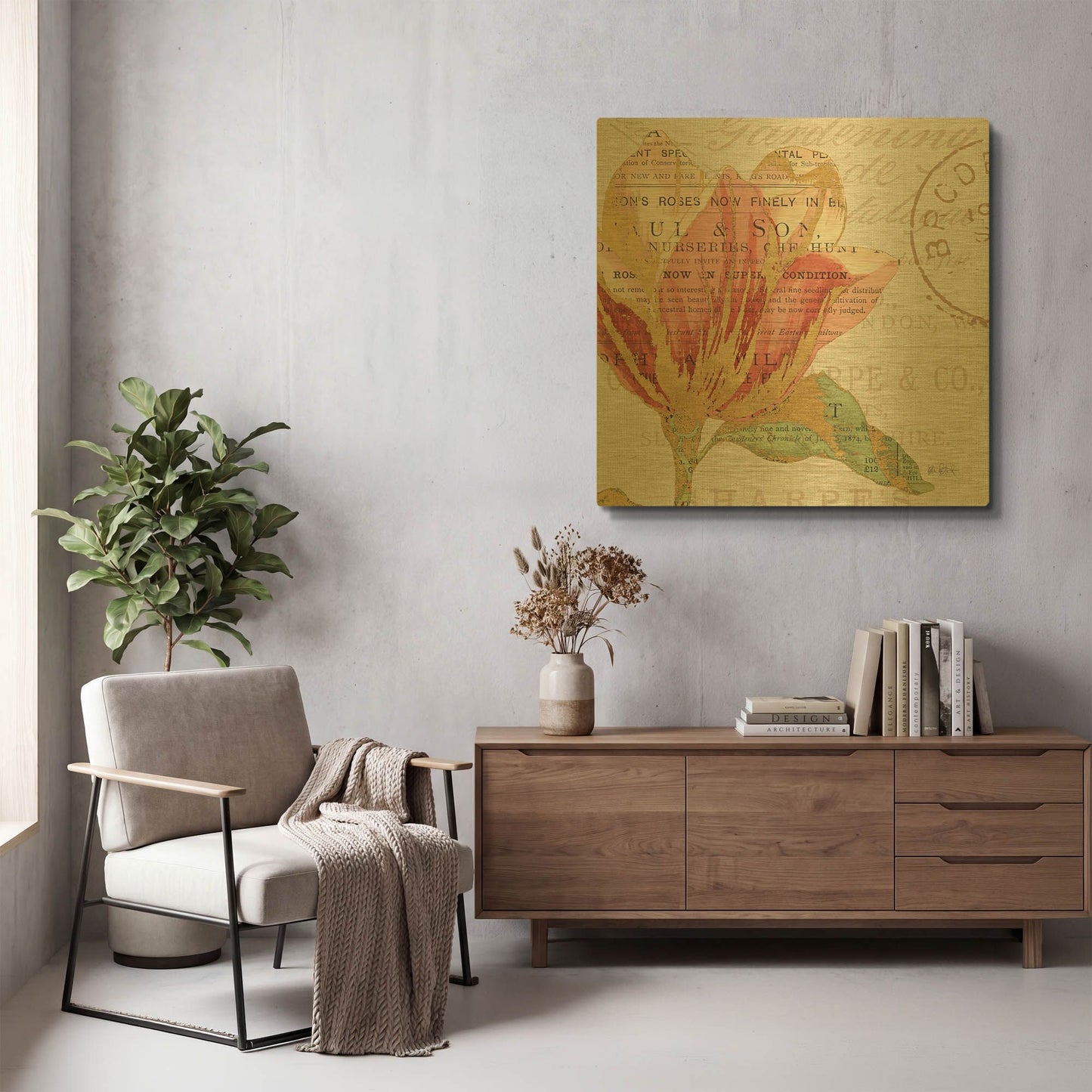 'Bookshelf Botanical III' By Katie Pertiet Gold Metal Wall Art