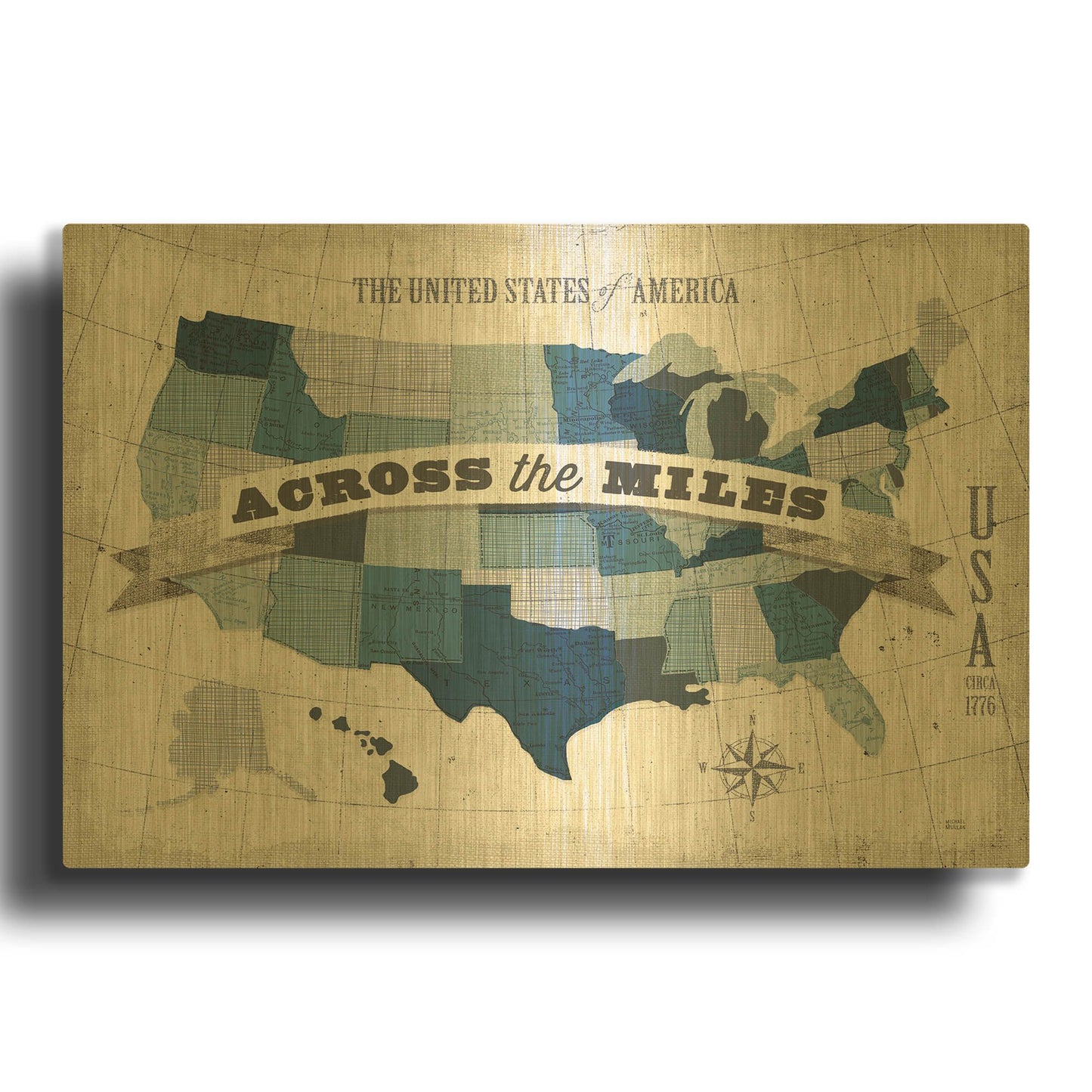 'USA Modern Vintage Blue Grey with Words' By Michael Mullan Gold Metal Wall Art