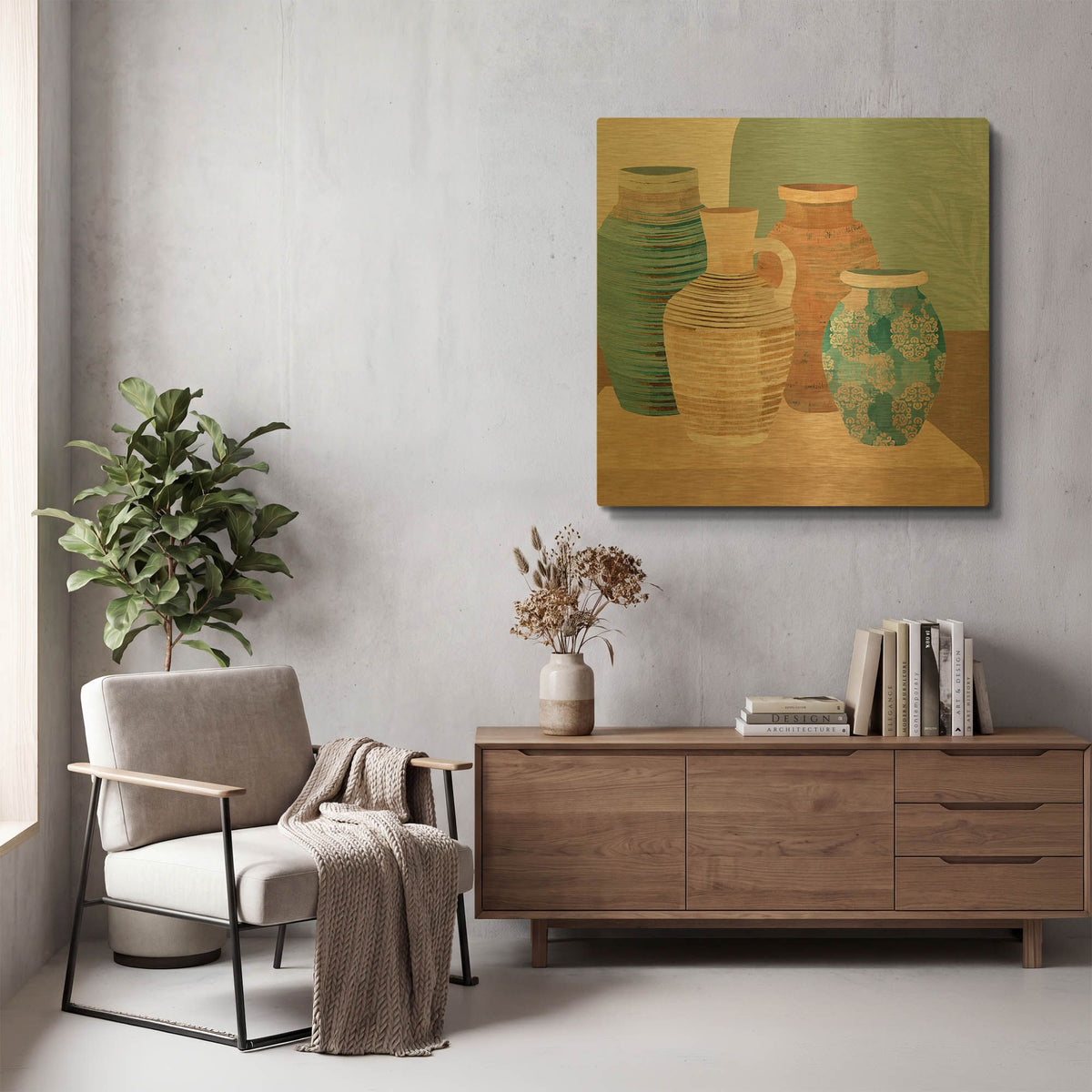 'Earthenware Pots I' By Flora Kouta Gold Metal Wall Art