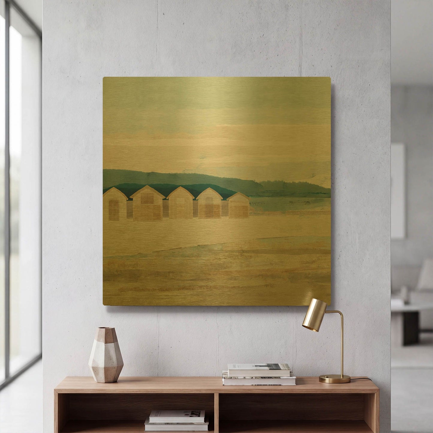 'Stone Bay Huts I' By Flora Kouta Gold Metal Wall Art