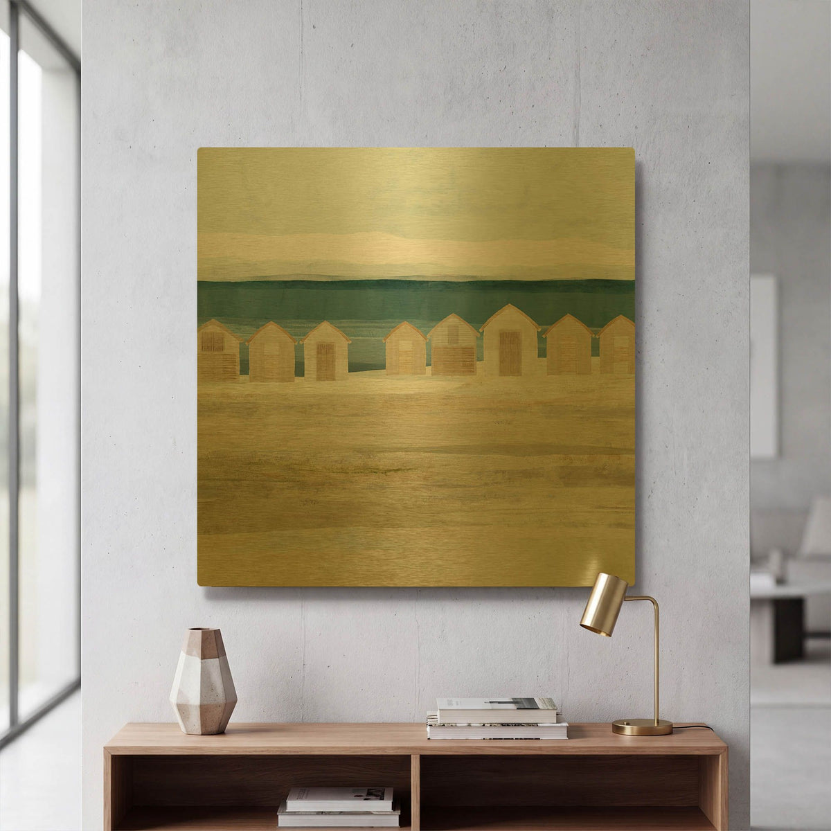 'Stone Bay Huts II' By Flora Kouta Gold Metal Wall Art