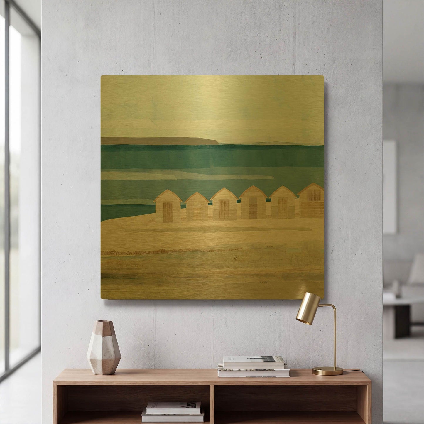 'Stone Bay Huts III' By Flora Kouta Gold Metal Wall Art