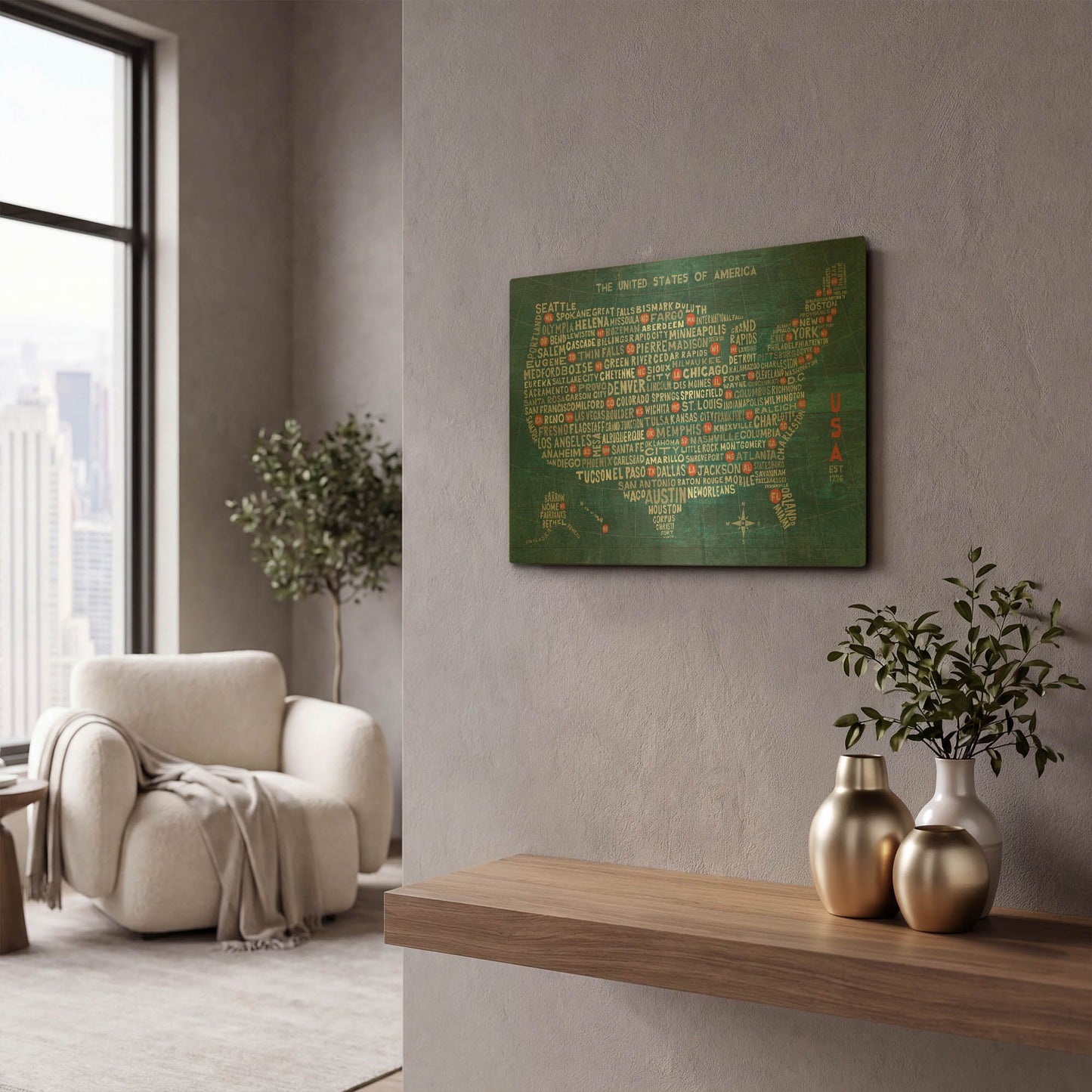 'US City Map on Wood Blue' By Michael Mullan Gold Metal Wall Art