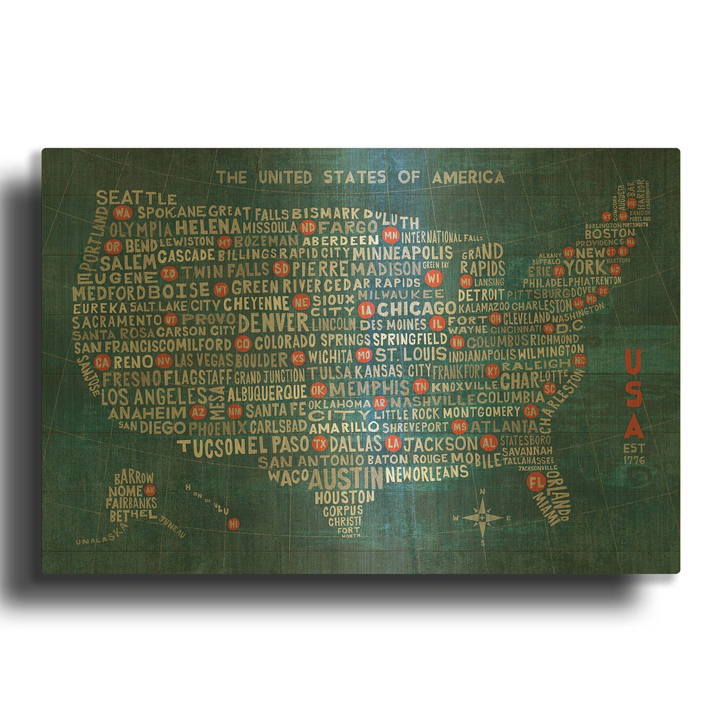 'US City Map on Wood Blue' By Michael Mullan Gold Metal Wall Art