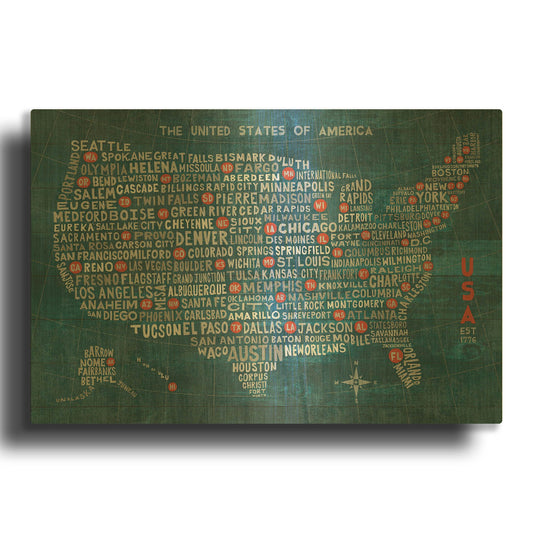 'US City Map on Wood Blue' By Michael Mullan Gold Metal Wall Art