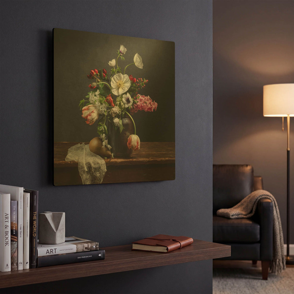 'Pear And Parrot Tulip Still Life' By Leah McLean Gold Metal Wall Art