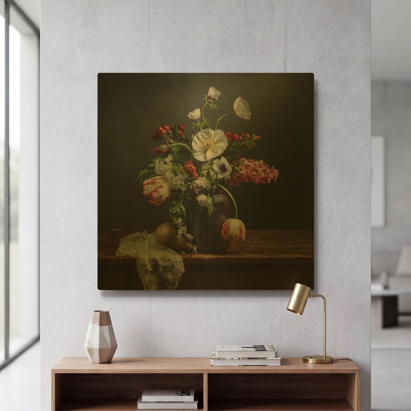 'Pear And Parrot Tulip Still Life' By Leah McLean Gold Metal Wall Art