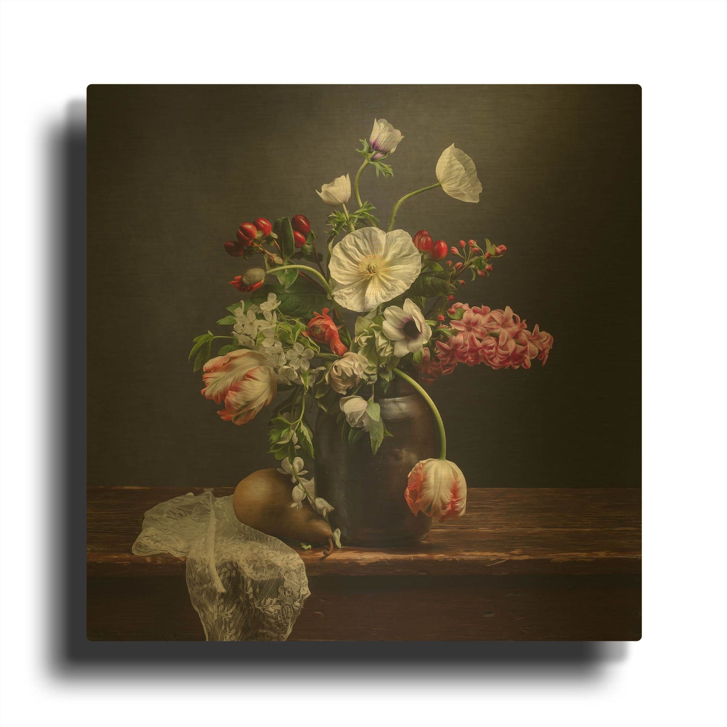 'Pear And Parrot Tulip Still Life' By Leah McLean Gold Metal Wall Art