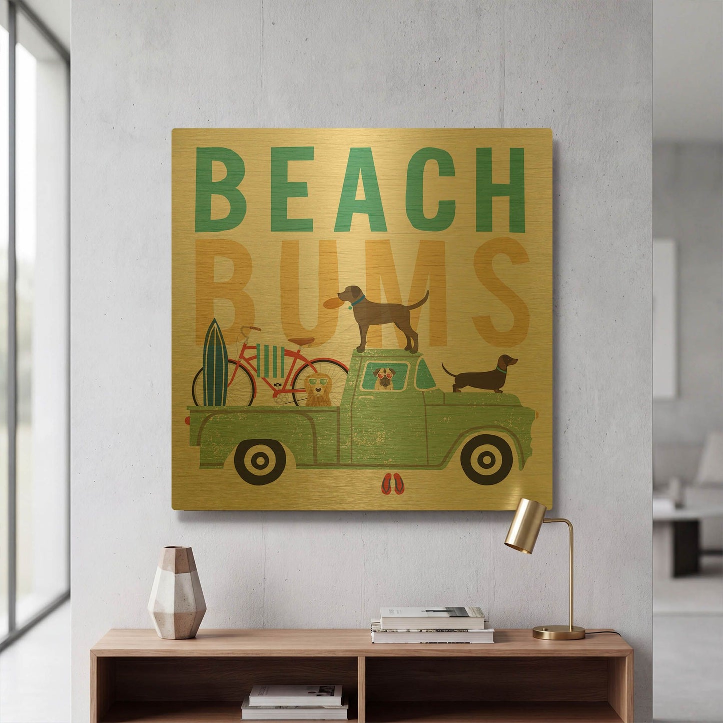 'Beach Bums Truck I square' By Michael Mullan Gold Metal Wall Art