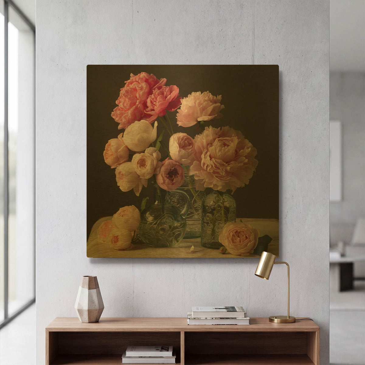 'Rose And Peony Dark Duet' By Leah McLean Gold Metal Wall Art