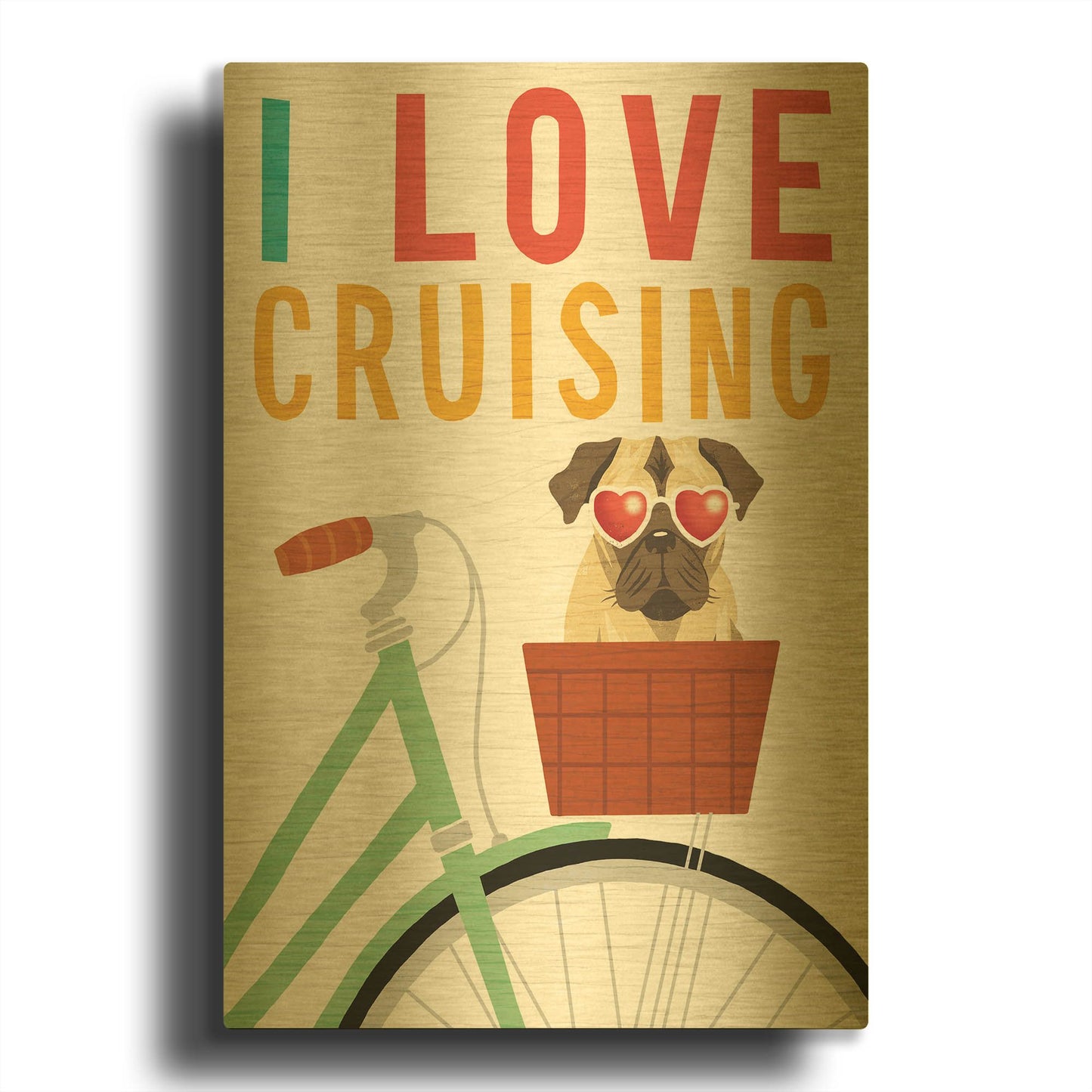 'Beach Bums Pug Bicycle I Love' By Michael Mullan Gold Metal Wall Art