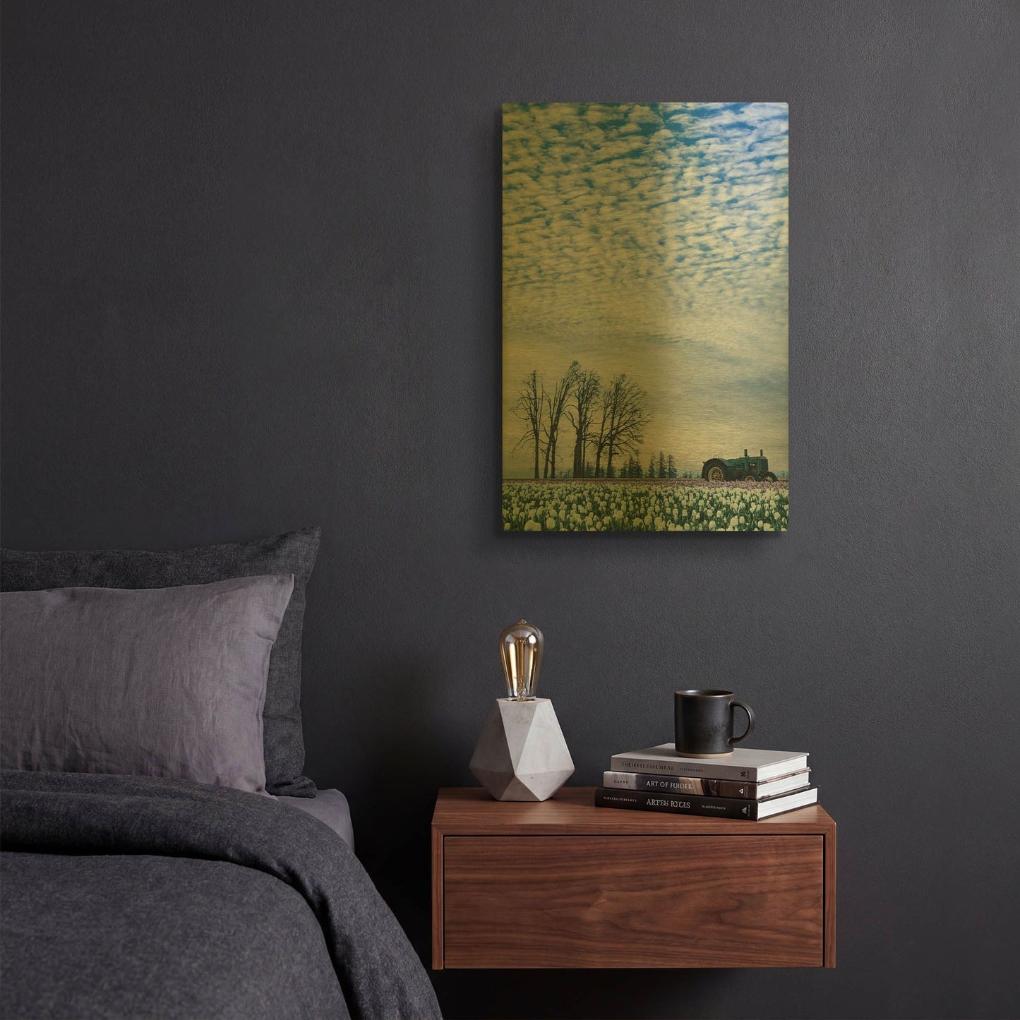 'Tractor Surrounded By Tulips' By Don Schwartz Gold Metal Wall Art