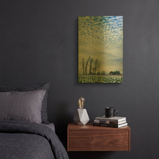'Tractor Surrounded By Tulips' By Don Schwartz Gold Metal Wall Art