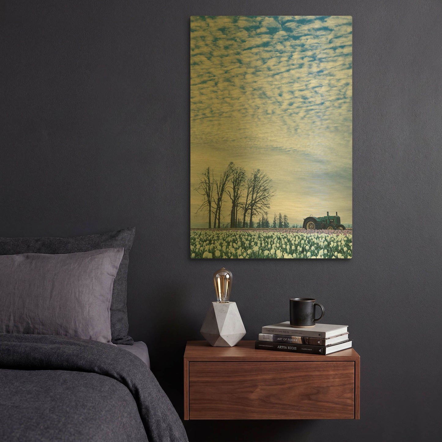 'Tractor Surrounded By Tulips' By Don Schwartz Gold Metal Wall Art