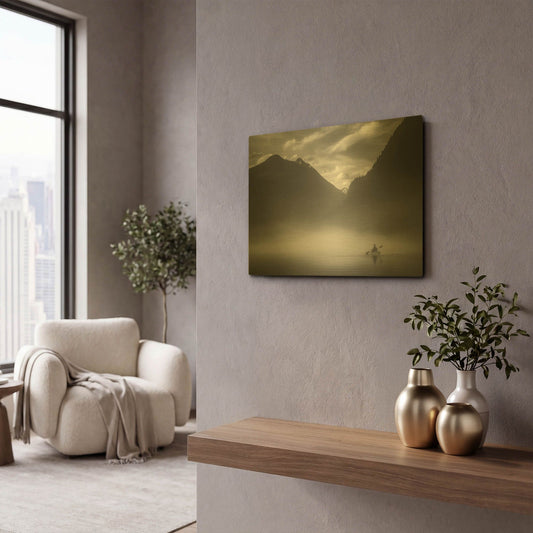 'Kayaker In The Mountain Mist' By Don Schwartz Gold Metal Wall Art