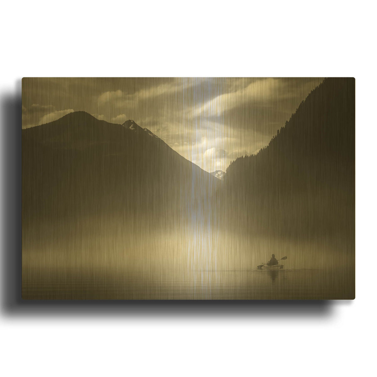 'Kayaker In The Mountain Mist' By Don Schwartz Gold Metal Wall Art