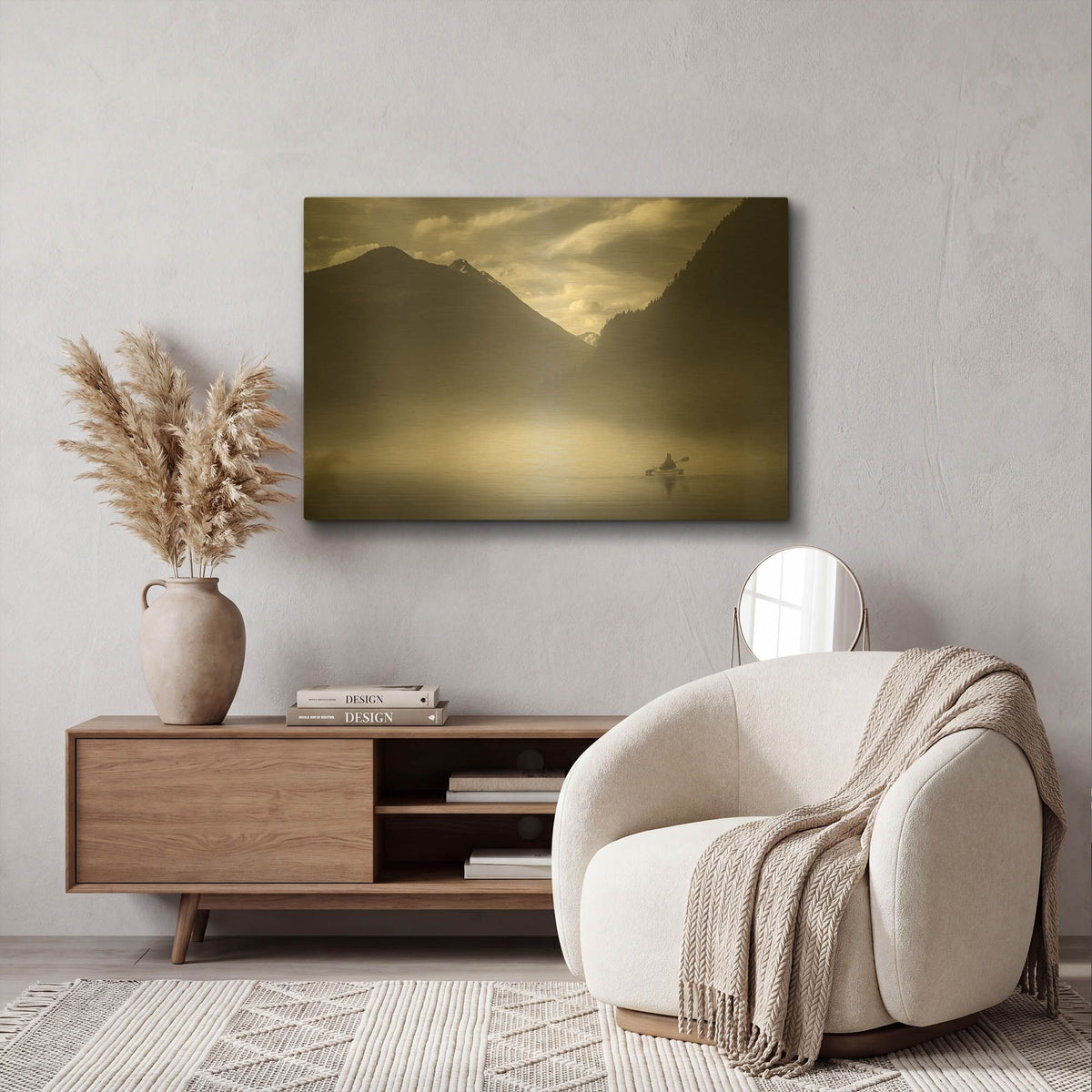'Kayaker In The Mountain Mist' By Don Schwartz Gold Metal Wall Art