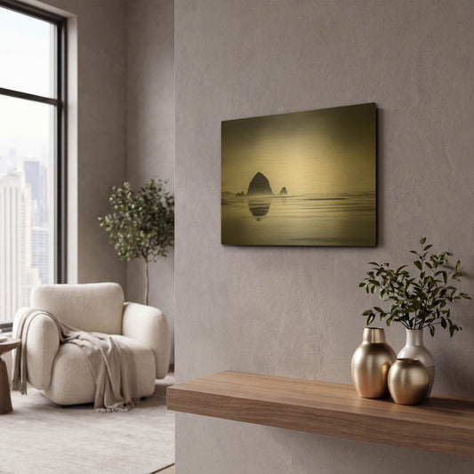 'Fog Surrounds Haystack Rock' By Don Schwartz Gold Metal Wall Art