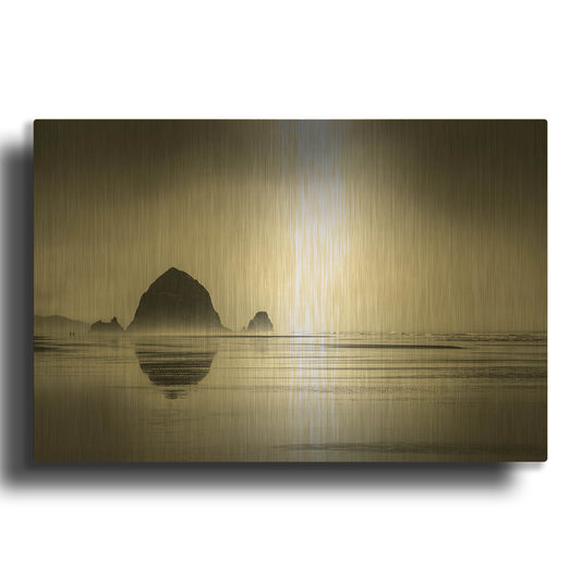 'Fog Surrounds Haystack Rock' By Don Schwartz Gold Metal Wall Art